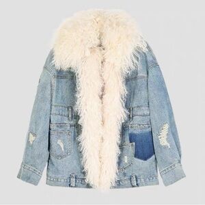 Denim jacket with vintage genuine fur collar S/M